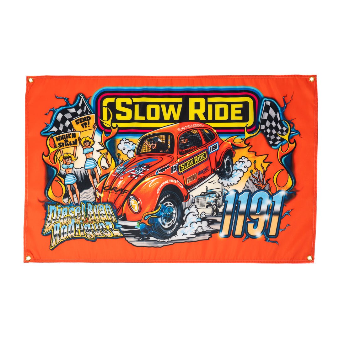 Diesel Ryan Banner - Slow Ride Vibrant Slow Ride banner featuring a dynamic graphic of a racing Volkswagen bug with flames and checkered flags, capturing the thrill of Off-Roading and Off-Road Racing. Set on a bold orange background, this banner is perfect for fans of vintage Volkswagen culture, including the iconic Volkswagen bus and Baja bug. Ideal for showcasing your love for slow ride t-shirts and the adventurous spirit of classic car enthusiasts