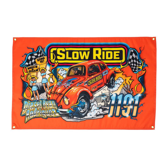 Diesel Ryan Banner - Slow Ride Vibrant Slow Ride banner featuring a dynamic graphic of a racing Volkswagen bug with flames and checkered flags, capturing the thrill of Off-Roading and Off-Road Racing. Set on a bold orange background, this banner is perfect for fans of vintage Volkswagen culture, including the iconic Volkswagen bus and Baja bug. Ideal for showcasing your love for slow ride t-shirts and the adventurous spirit of classic car enthusiasts