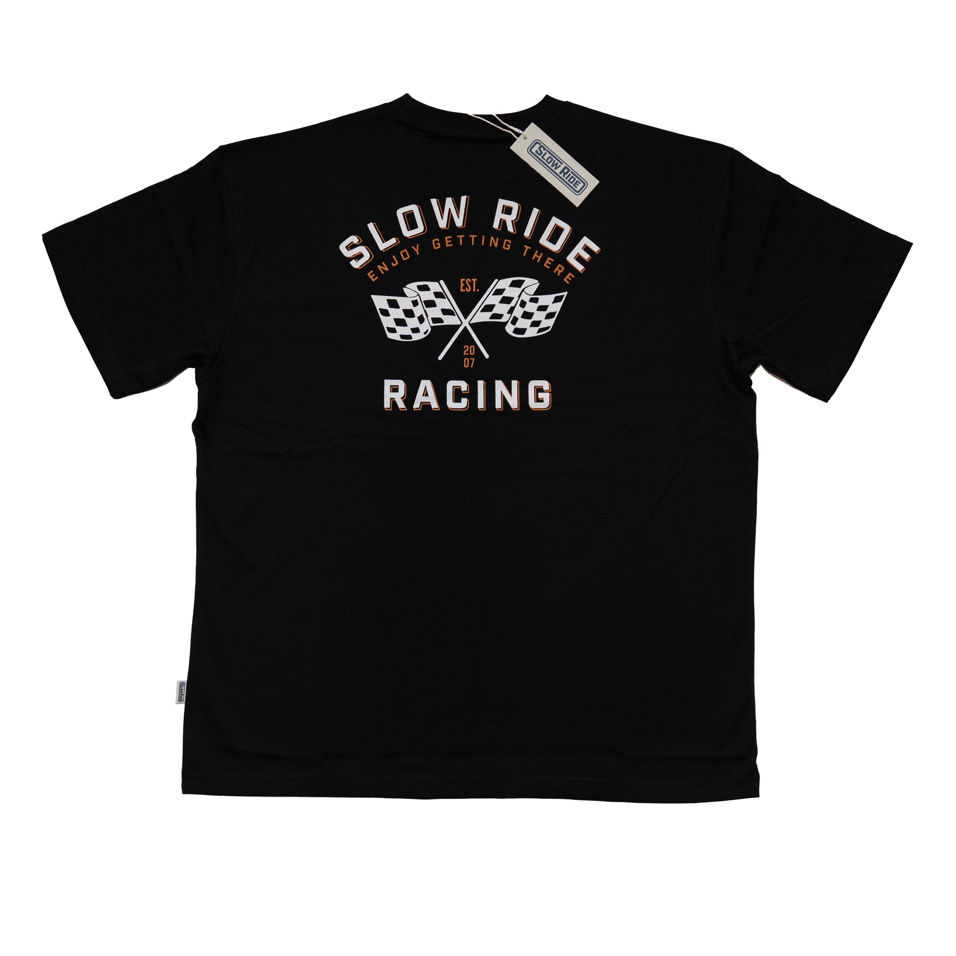 Race Flag Heavyweight Tee (Black) - Slow Ride- Black Slow Ride t-shirt featuring a bold 'Slow Ride Racing' design with checkered flags, perfect for Off-Roading and Off-Road Racing enthusiasts. This slow ride shirt celebrates the vintage Volkswagen culture, including the iconic Volkswagen bus, Volkswagen bug, and Baja bug. Ideal for those who embrace the Garage and Racing lifestyle and live by mottos like 'Enjoy Getting There,' 'Wheelin and Spilling,' and 'Restore and Destroy.' A must-have for blue-collar wo