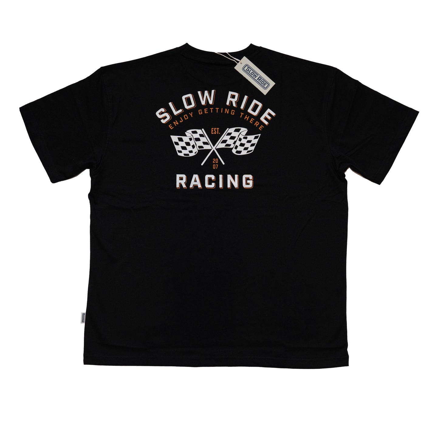 Race Flag Heavyweight Tee (Black) - Slow Ride- Black Slow Ride t-shirt featuring a bold 'Slow Ride Racing' design with checkered flags, perfect for Off-Roading and Off-Road Racing enthusiasts. This slow ride shirt celebrates the vintage Volkswagen culture, including the iconic Volkswagen bus, Volkswagen bug, and Baja bug. Ideal for those who embrace the Garage and Racing lifestyle and live by mottos like 'Enjoy Getting There,' 'Wheelin and Spilling,' and 'Restore and Destroy.' A must-have for blue-collar wo