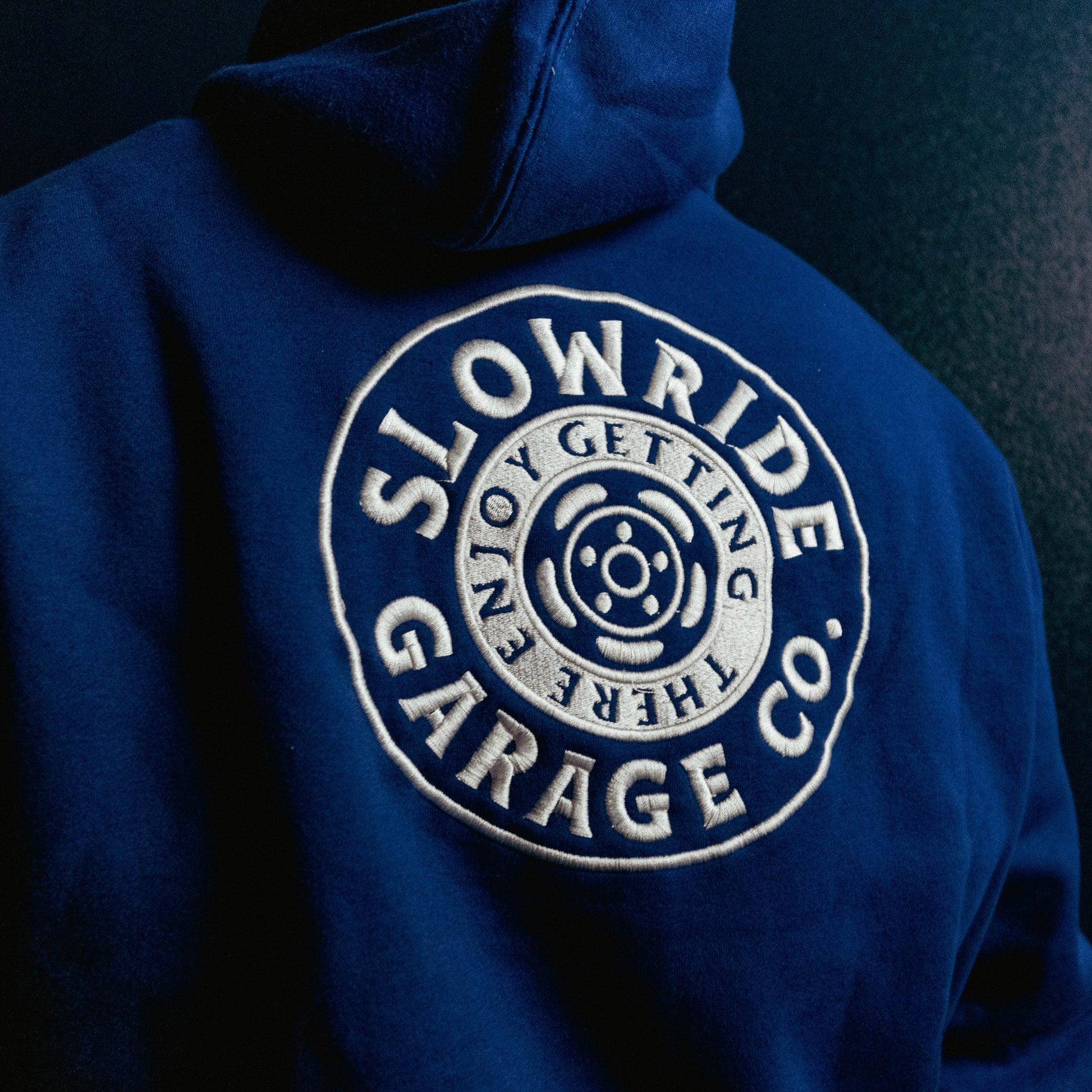 Space Wheel Embroidered Hoodie (Navy) - Slow Ride