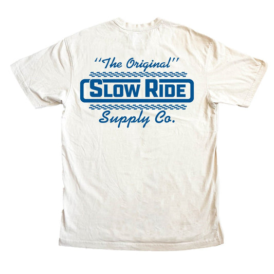 Classic 'The Original' Slow Ride t-shirt featuring a bold logo design on a Offwhite background. This slow ride shirt pays homage to vintage Volkswagen culture, making it a perfect fit for fans of the iconic Volkswagen bus and bug. Ideal for those who love Off-Roading and Off-Road Racing, this stylish and comfortable shirt adds a rugged, adventurous vibe to any collection